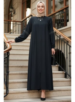 Fermuarlı Lacivert Tesettür Abaya 45299L