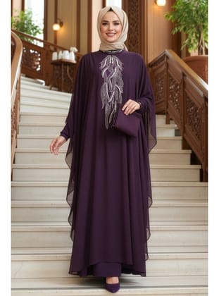 Panço Detaylı Mürdüm Tesettür Abaya 25914MU
