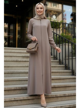 Fermuarlı Bej Tesettür Abaya 45319BEJ