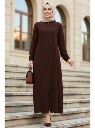Fermuarlı Koyu Kahverengi Tesettür Abaya 45319KKH