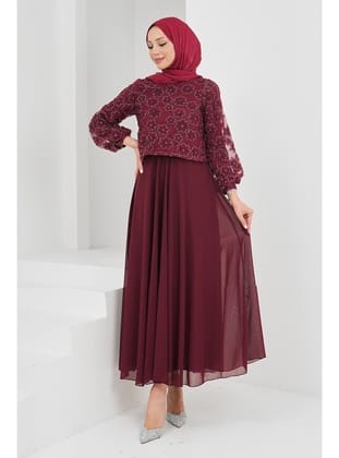 Bordo Boncuk İşlemeli Abiye