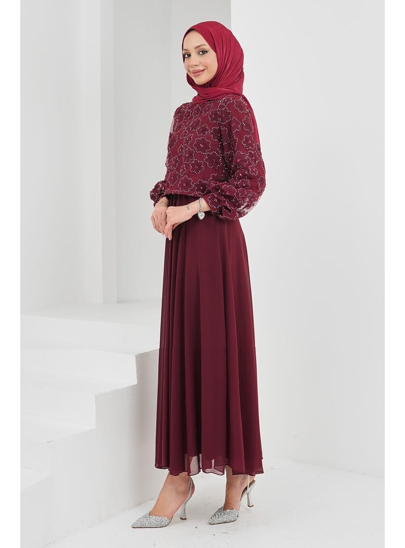 Bordo Boncuk İşlemeli Abiye - Resim 4