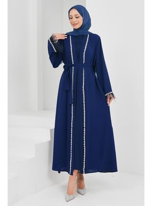 Saks Mavi Kolları Tüylü Taş Detaylı Kuşaklı Abaya