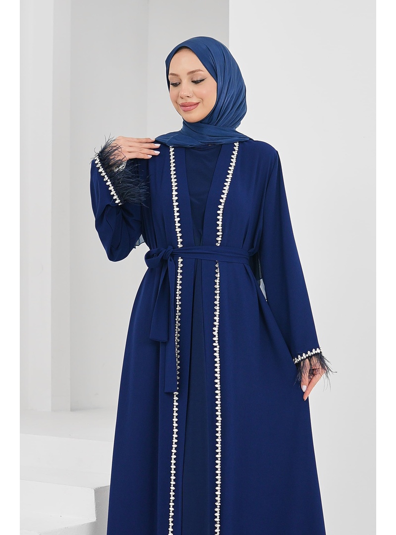 Saks Mavi Kolları Tüylü Taş Detaylı Kuşaklı Abaya - Resim 2