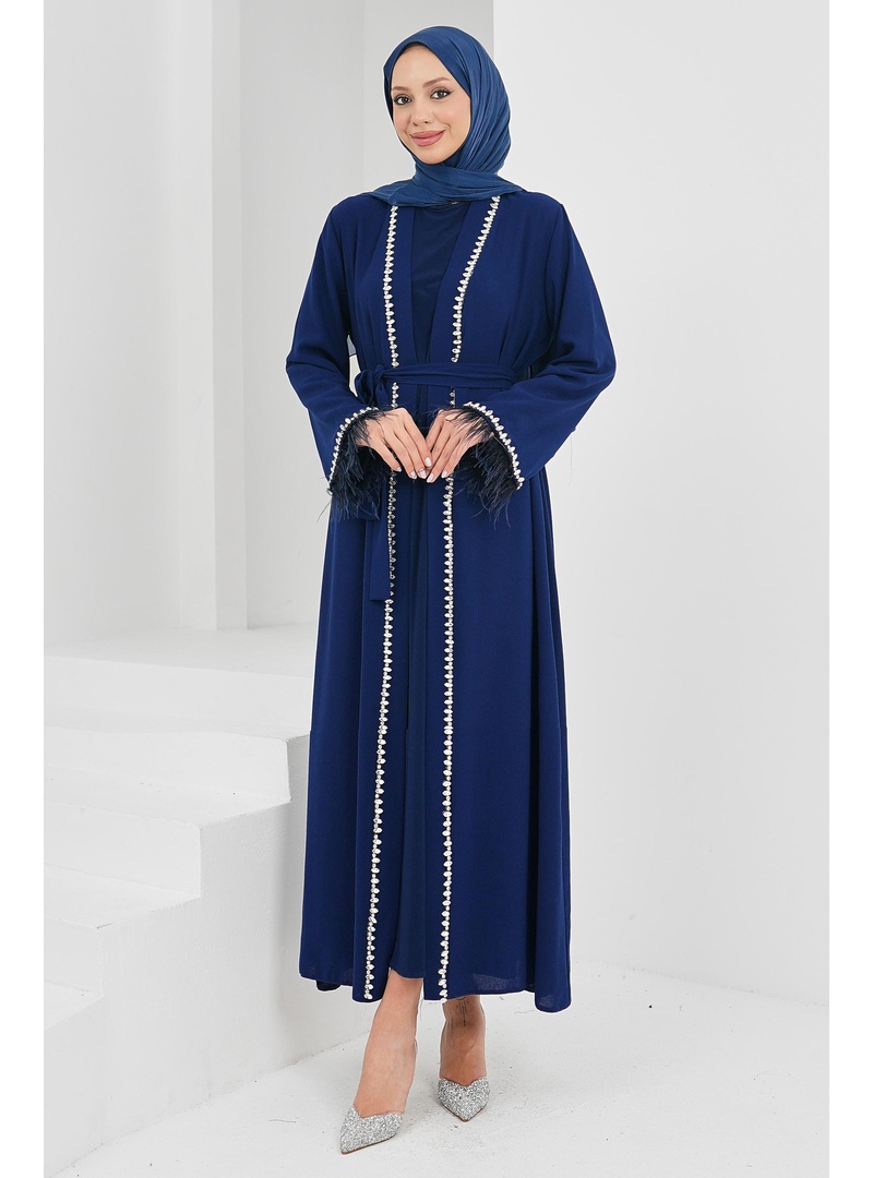 Saks Mavi Kolları Tüylü Taş Detaylı Kuşaklı Abaya - Resim 3