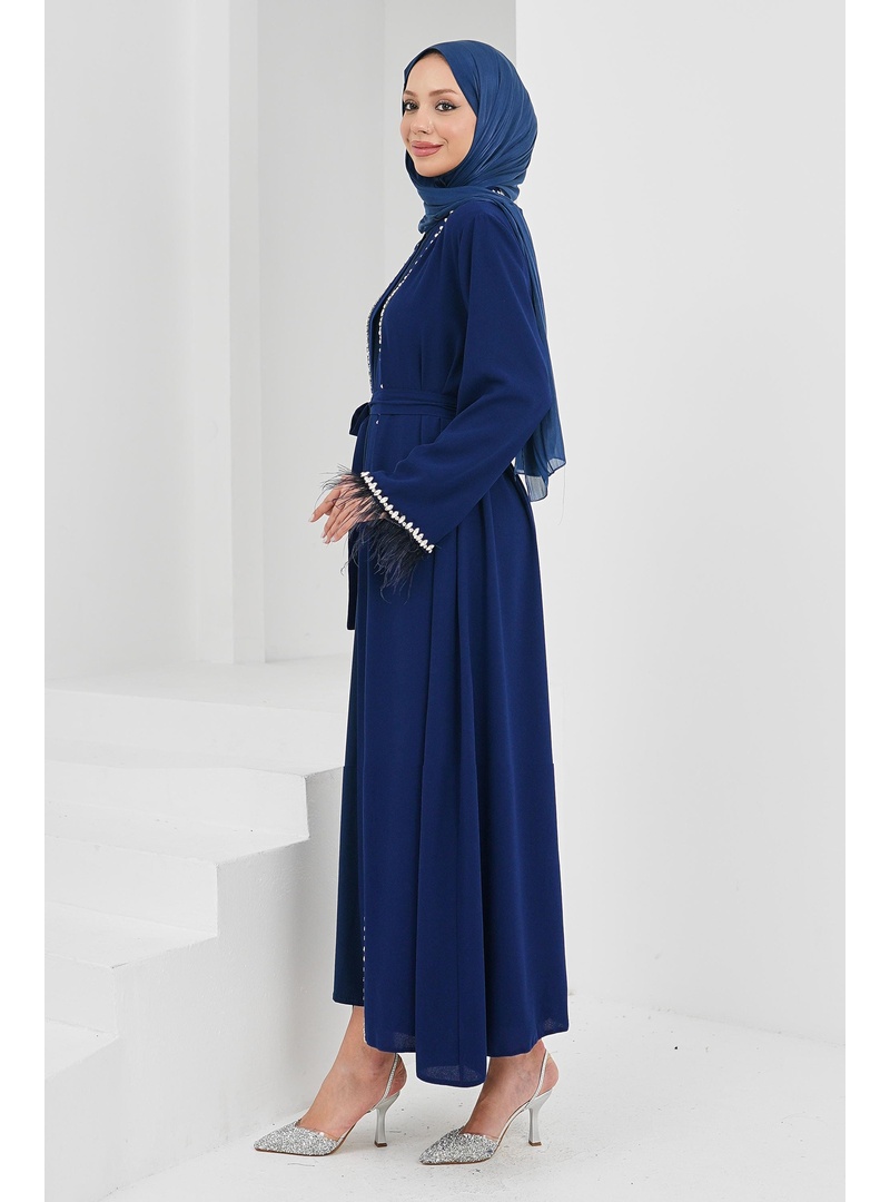 Saks Mavi Kolları Tüylü Taş Detaylı Kuşaklı Abaya - Resim 4