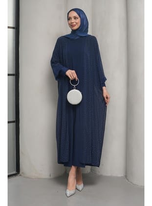 Lacivert Taş İşlemeli İkili Abaya Takım