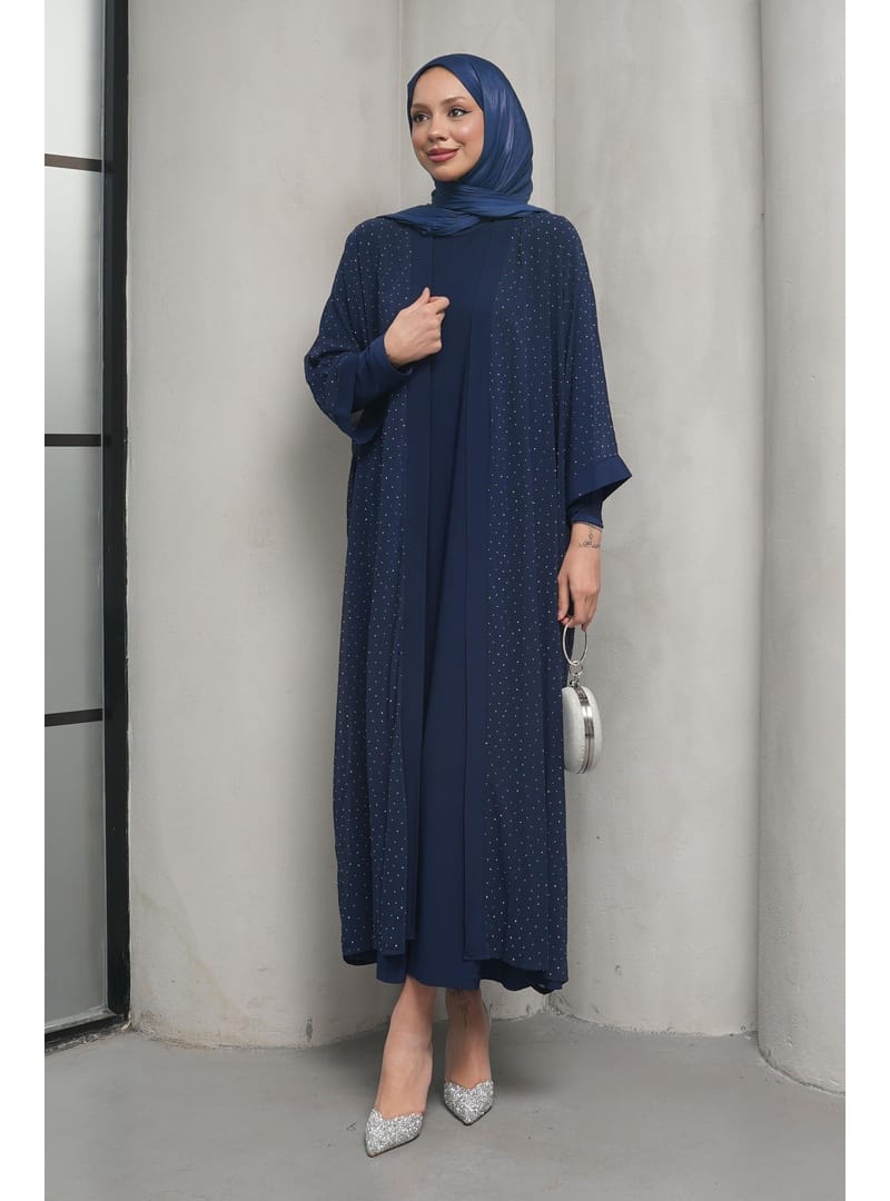 Lacivert Taş İşlemeli İkili Abaya Takım - Resim 2