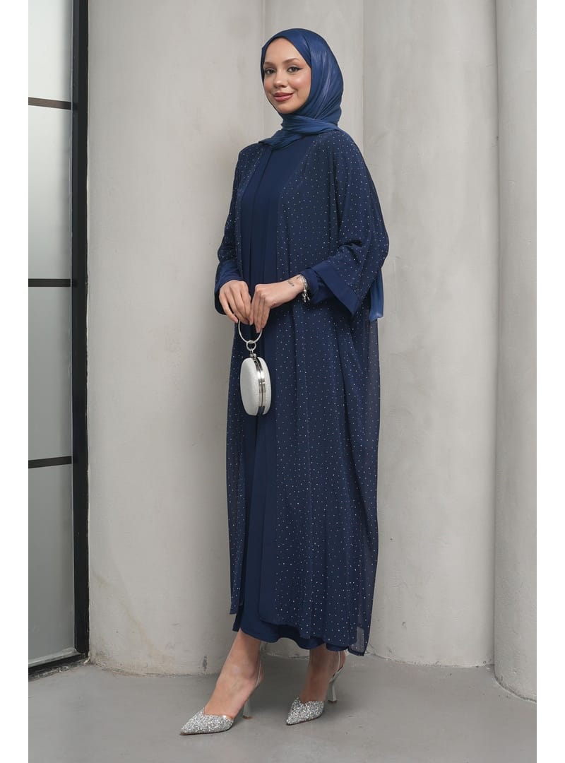 Lacivert Taş İşlemeli İkili Abaya Takım - Resim 3