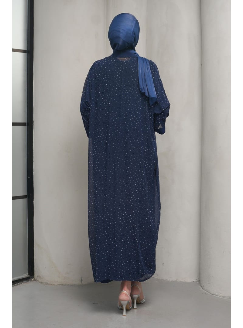 Lacivert Taş İşlemeli İkili Abaya Takım - Resim 4