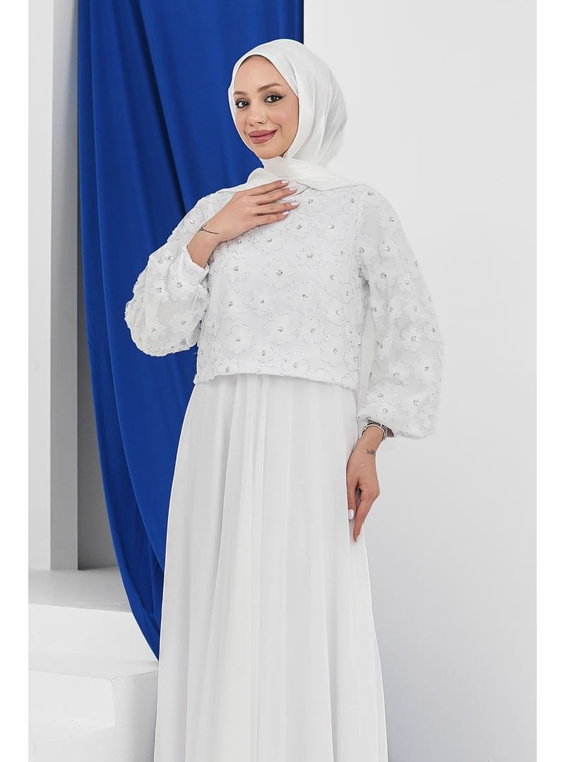 Ekru Boncuk İşlemeli Abiye - Resim 3