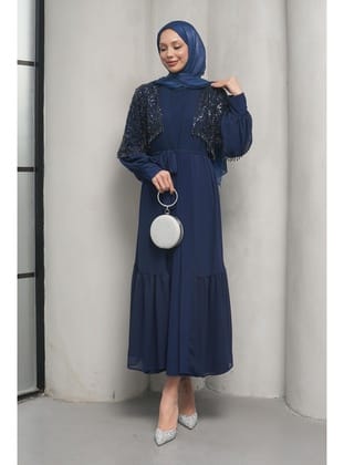 Lacivert Boncuk İşlemeli İkili Abaya Takım