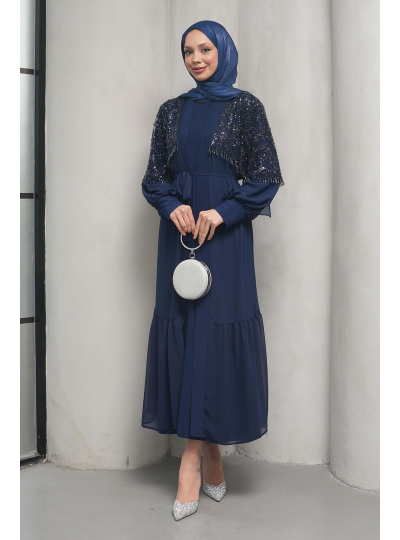Lacivert Boncuk İşlemeli İkili Abaya Takım - Resim 2