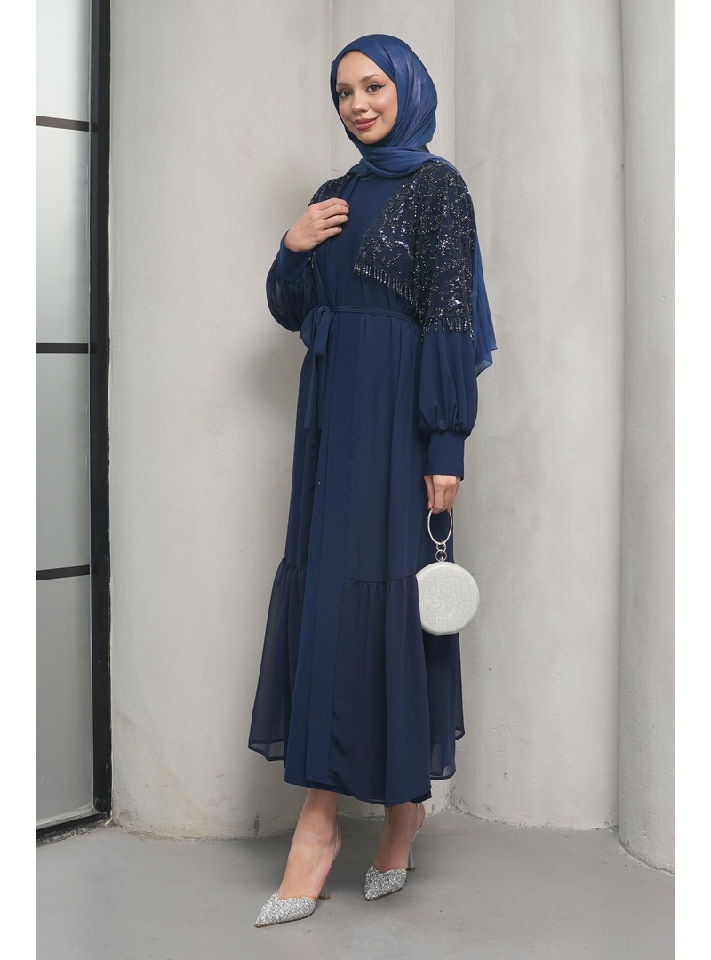 Lacivert Boncuk İşlemeli İkili Abaya Takım - Resim 3