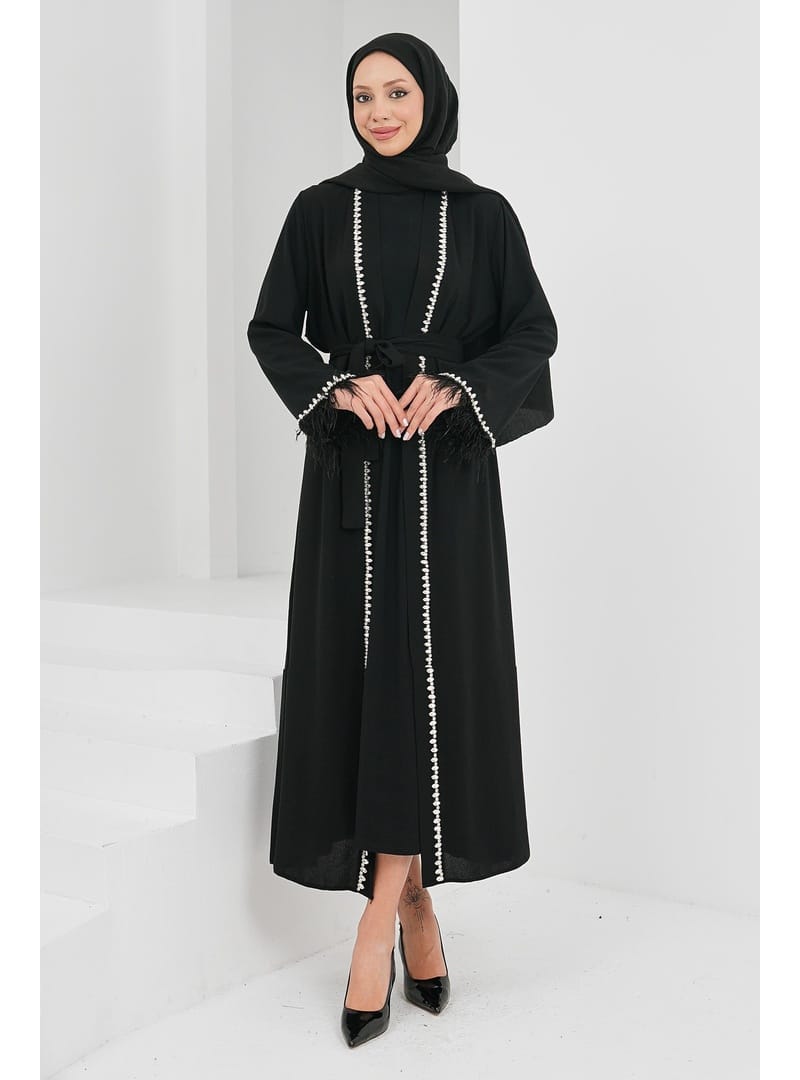 Siyah Kolları Tüylü Taş Detaylı Kuşaklı Abaya - Resim 2