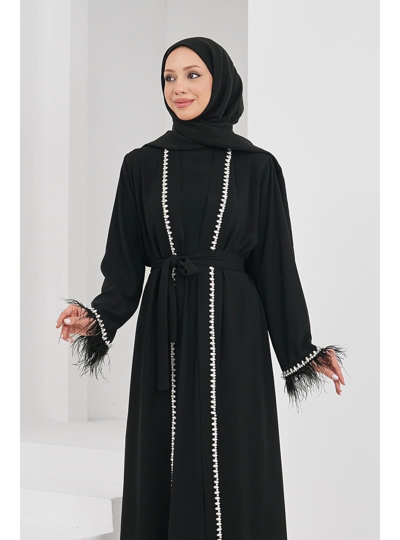 Siyah Kolları Tüylü Taş Detaylı Kuşaklı Abaya - Resim 3