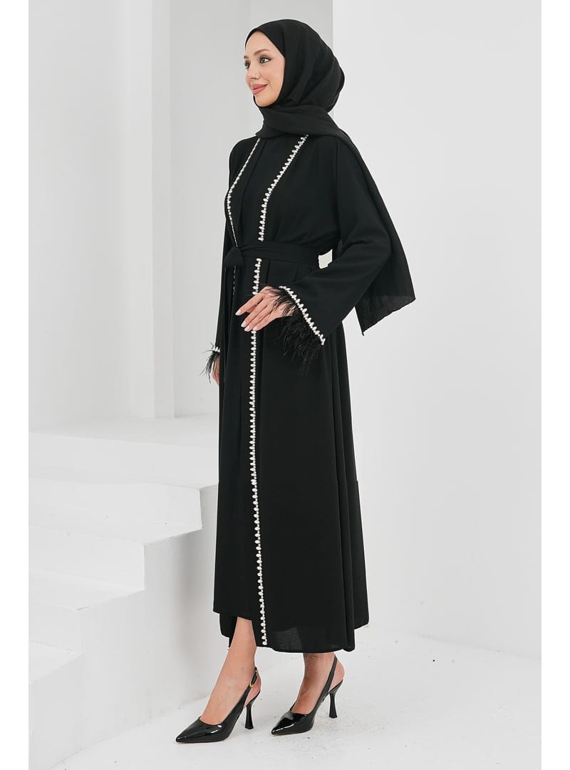 Siyah Kolları Tüylü Taş Detaylı Kuşaklı Abaya - Resim 4