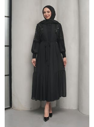 Siyah Boncuk İşlemeli İkili Abaya Takım