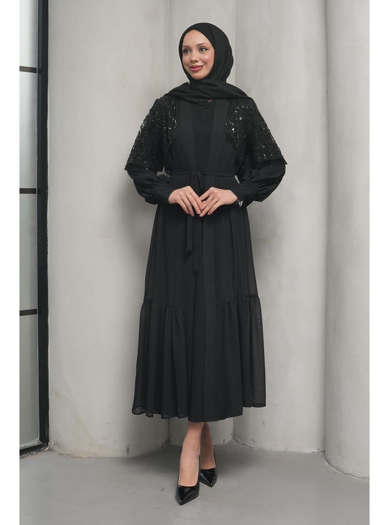 Siyah Boncuk İşlemeli İkili Abaya Takım - Resim 2