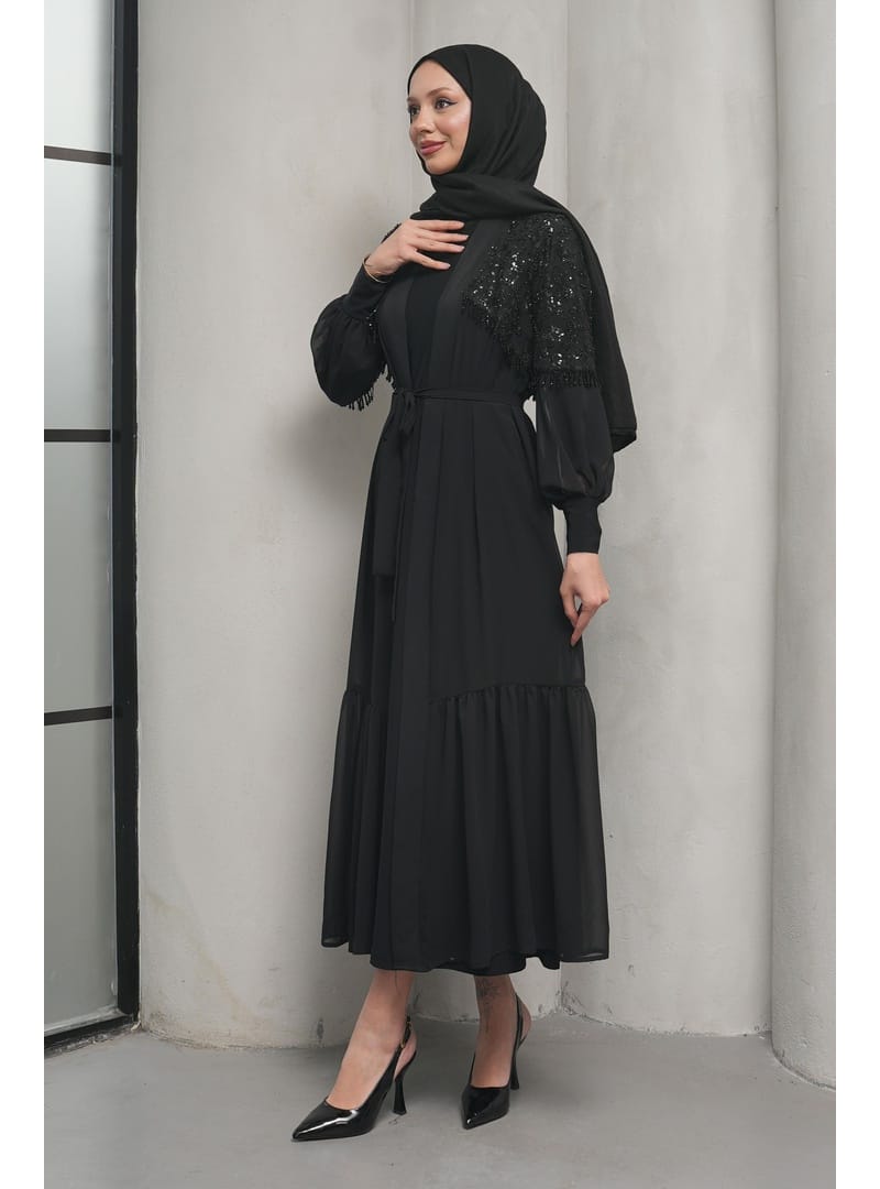 Siyah Boncuk İşlemeli İkili Abaya Takım - Resim 3