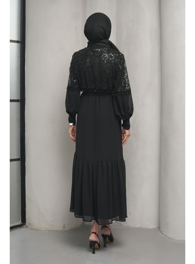 Siyah Boncuk İşlemeli İkili Abaya Takım - Resim 4