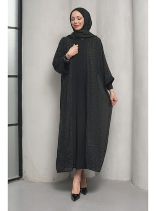 Siyah Taş İşlemeli İkili Abaya Takım