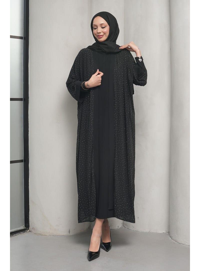 Siyah Taş İşlemeli İkili Abaya Takım - Resim 2