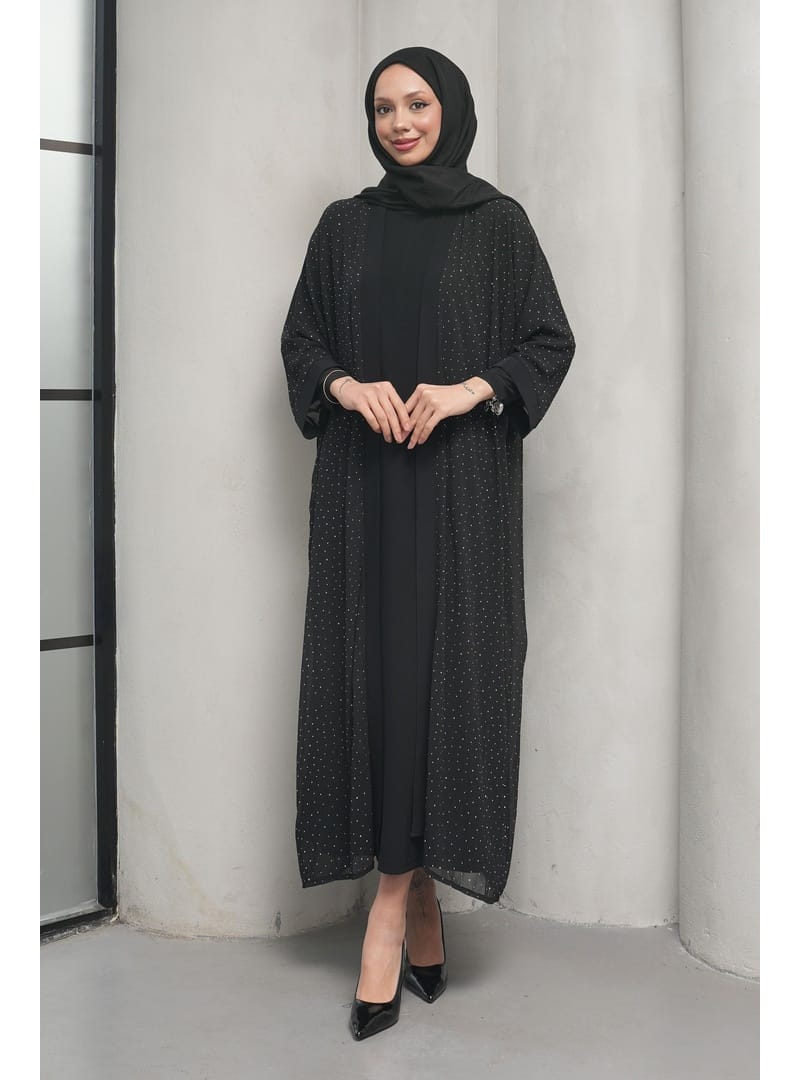 Siyah Taş İşlemeli İkili Abaya Takım - Resim 3