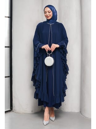 Lacivert Taş Detaylı Fırfırlı İkili Abaya Takım