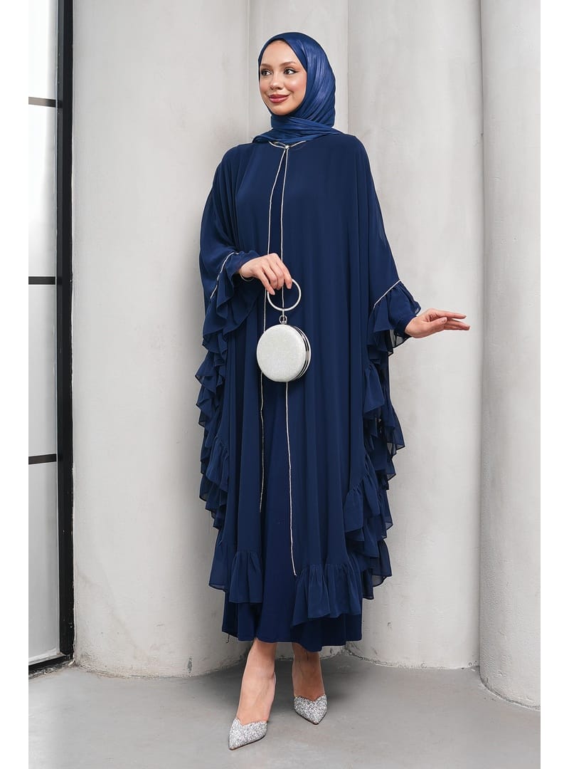 Lacivert Taş Detaylı Fırfırlı İkili Abaya Takım - Resim 2