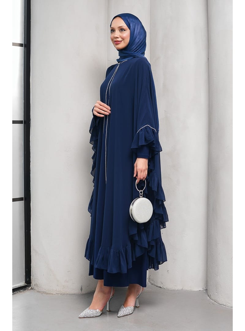 Lacivert Taş Detaylı Fırfırlı İkili Abaya Takım - Resim 3