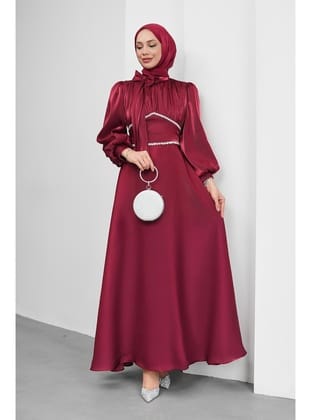 Bordo Yakası Fiyonklu Beli Taş Detaylı Balon Kol Abiye
