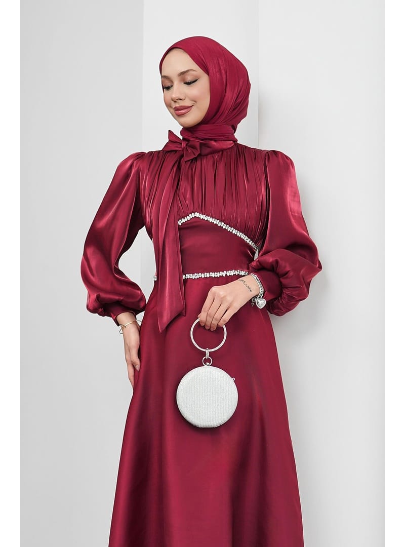 Bordo Yakası Fiyonklu Beli Taş Detaylı Balon Kol Abiye - Resim 2