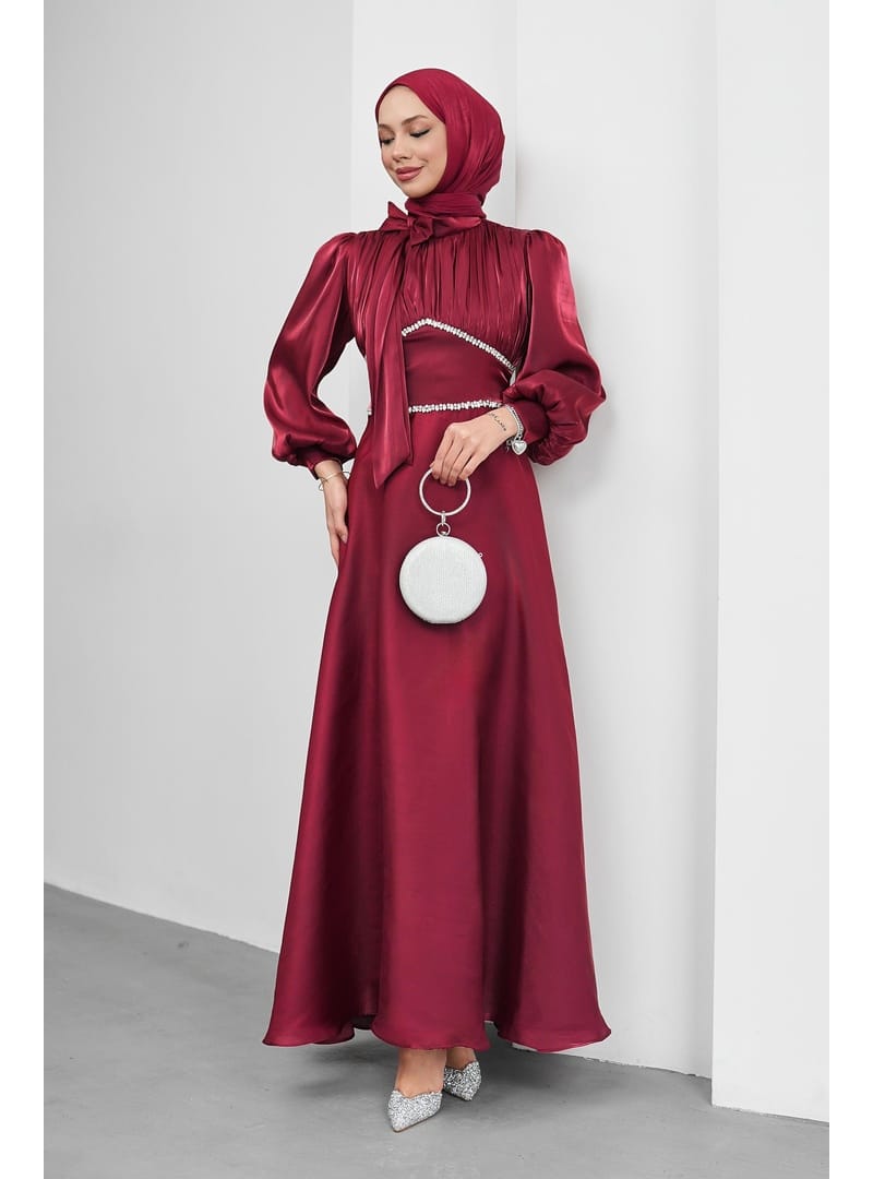 Bordo Yakası Fiyonklu Beli Taş Detaylı Balon Kol Abiye - Resim 3