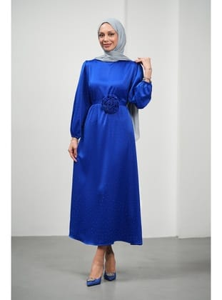 Saks Mavi Çiçek Kemerli Taşlı Saten Abiye