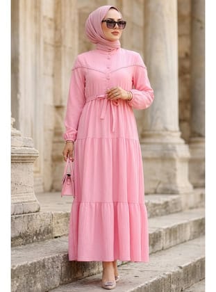 Düğmeli Pembe Tesettür Elbise 10213P