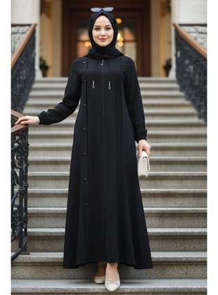 Fermuarlı Siyah Tesettür Abaya 45309S