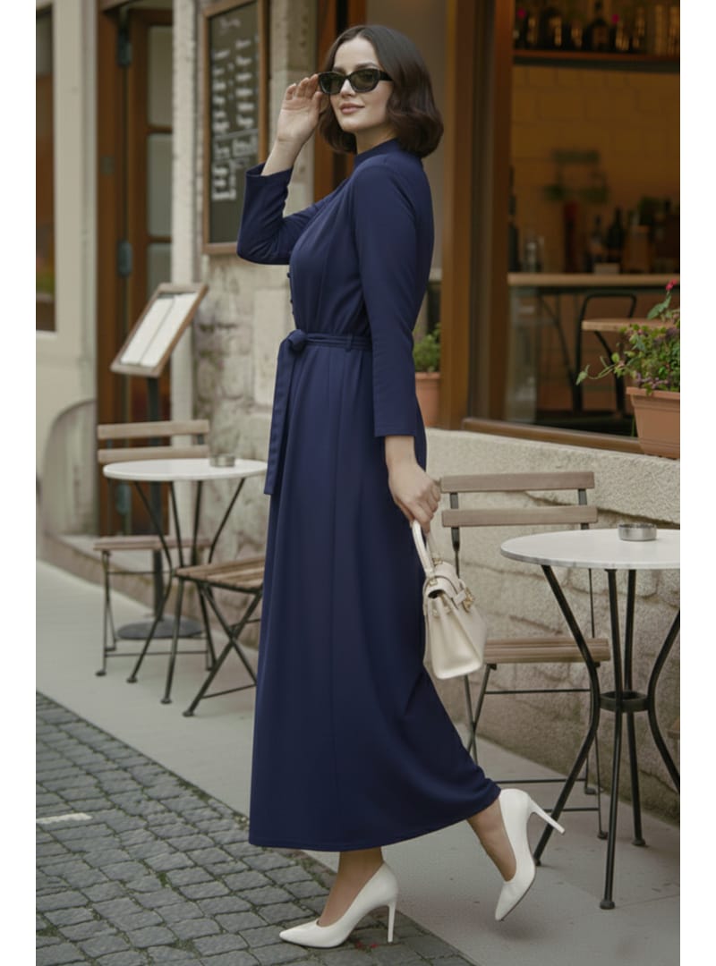 Düğmeli Tesettür Elbise N7204 Lacivert - Resim 2