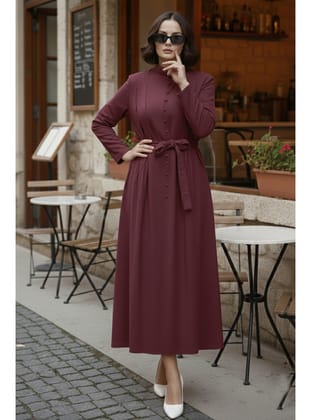 Düğmeli Tesettür Elbise N7204 Bordo