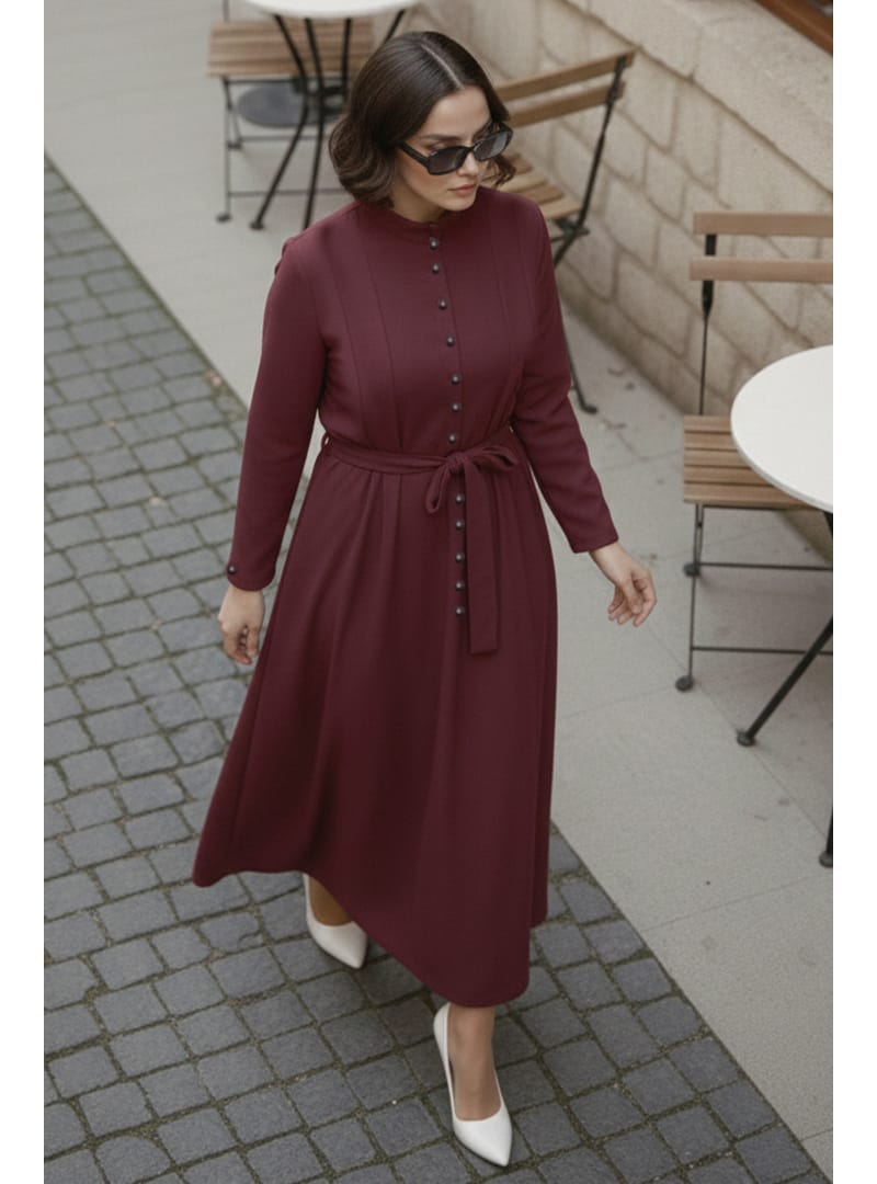 Düğmeli Tesettür Elbise N7204 Bordo - Resim 2