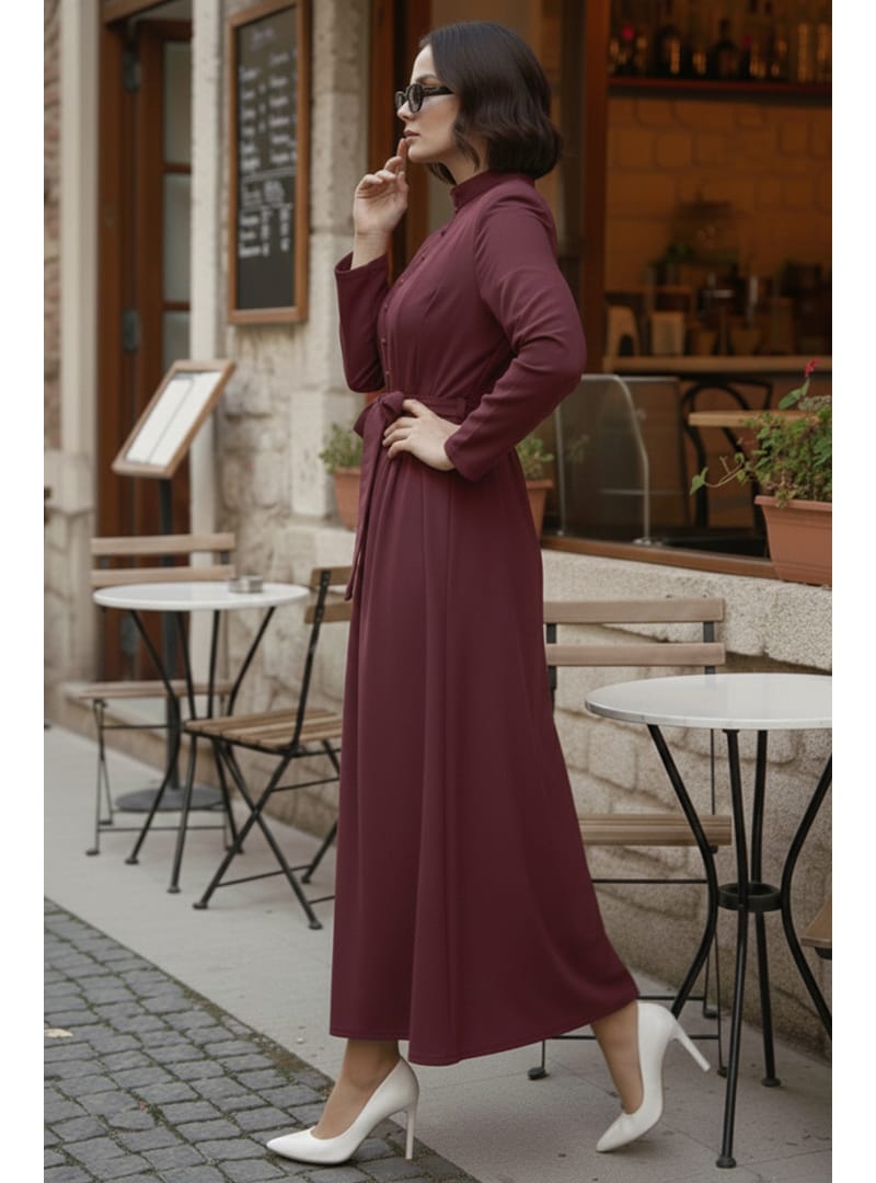 Düğmeli Tesettür Elbise N7204 Bordo - Resim 3