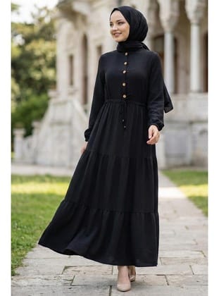 Büzgülü Düğmeli Bağcıklı Ayrobin Elbise Siyah HM268811