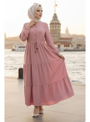 Büzgülü Düğmeli Bağcıklı Ayrobin Elbise Pembe HM268811