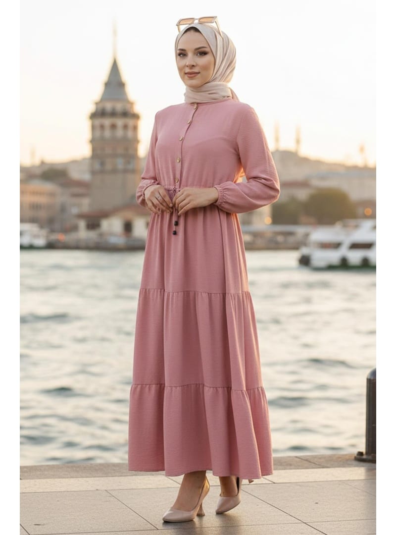 Büzgülü Düğmeli Bağcıklı Ayrobin Elbise Pembe HM268811 - Resim 2