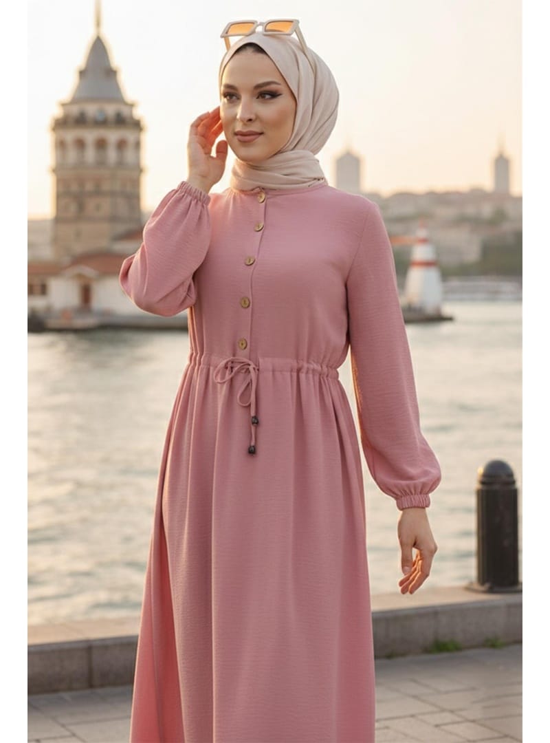 Büzgülü Düğmeli Bağcıklı Ayrobin Elbise Pembe HM268811 - Resim 3