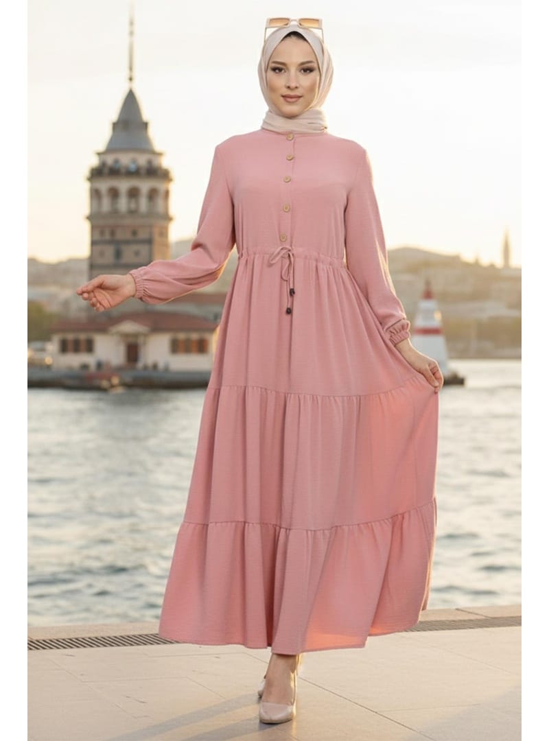 Büzgülü Düğmeli Bağcıklı Ayrobin Elbise Pembe HM268811 - Resim 4