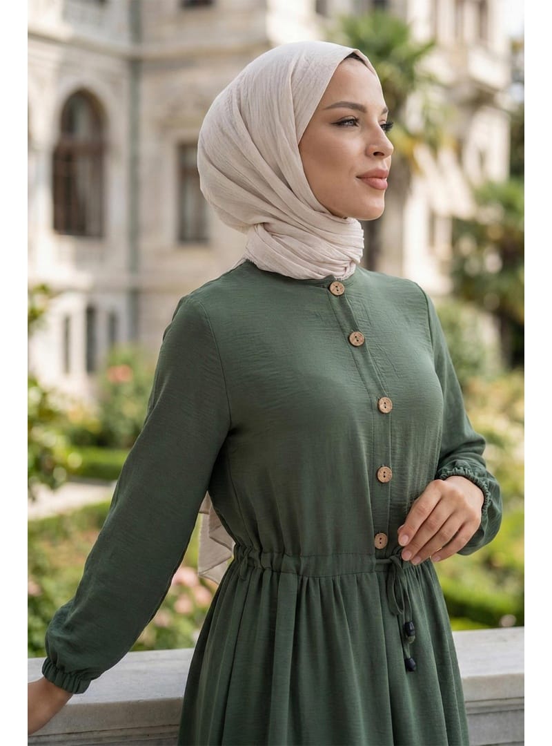 Büzgülü Düğmeli Bağcıklı Ayrobin Elbise Haki HM268811 - Resim 4