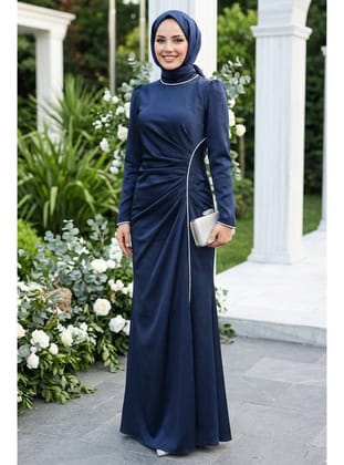 - Drape Detaylı Lacivert Tesettür Saten Abiye Elbise 46681L