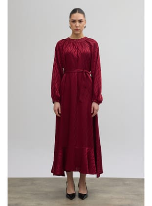Kuşaklı Jakar Elbise - Bordo