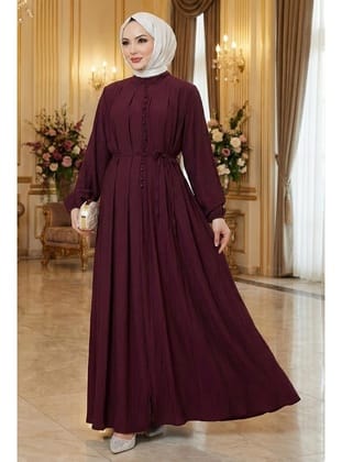 Esila Bağcıklı Britli Tesettür Elbise Bordo HM2884